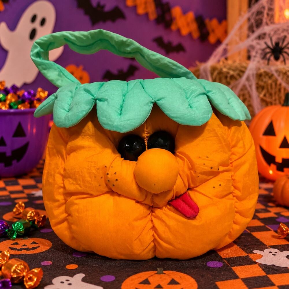 1993 Joelson Industries Plush Pumpkin Trick or Treat Basket Halloween 12in